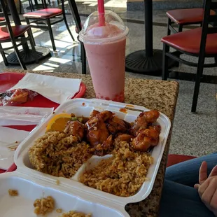 Orange chicken and strawberry boba