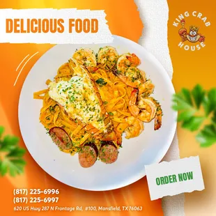 Satisfy your seafood cravings with our tantalizing Lobster House Pasta, where tender lobster chunks mingle with pasta in a luscious sauce,