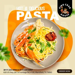 Indulge in the ultimate seafood delight at King Crab House with our mouthwatering pasta crab! Dive into a culinary adventure tonight.