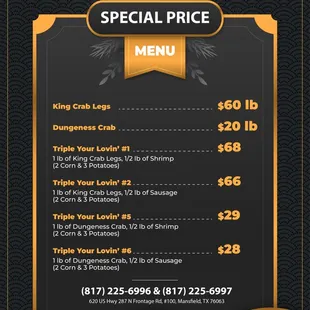 SPECIAL PRICE!!!
Hey seafood lovers! Looking for a delicious seafood feast? 
At King Crab, you can enjoy premium King Crab Legs for