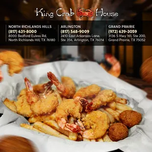 Dive into a world of flavor at King Crab House, where we satisfy all cravings, sea and land.
 Delight in succulent fried shrimp