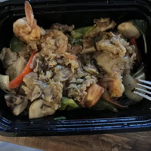 Spicy noodle with shrimp but noodles melted together and got mushy