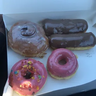 Cinnamon roll, long john, strawberry glaze with fruity pebbles.