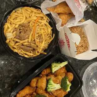 Beef Lo Mein, orange chicken, fried rice