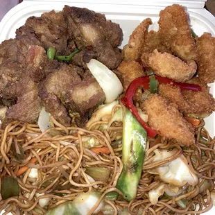 Combo plate, skinny chow mein, salt and pepper fish, salt and pepper spare ribs