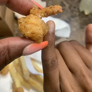 a hand holding a piece of fried chicken