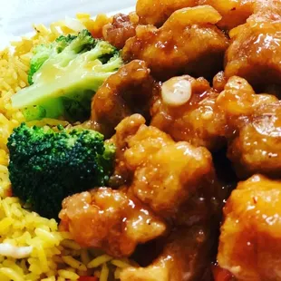 a plate of chicken and rice with broccoli