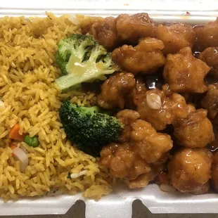 chicken and rice in a styrofoam container