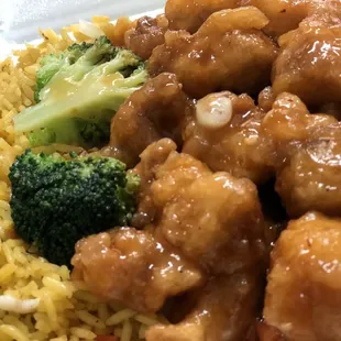 a plate of chicken and rice with broccoli