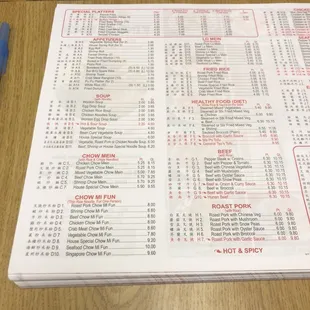 the menu of a restaurant