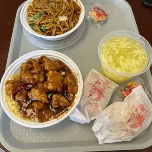 general tso's lunch and lobster lo mein lunch. egg drop soup on side