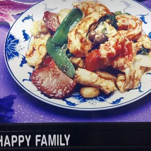 a plate of food on a purple background