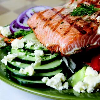 Lemon Char-grilled Salmon Greek Salad
