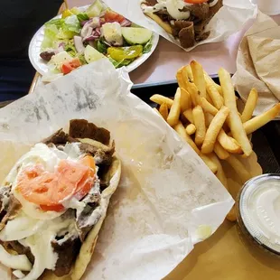 2 Gyros fries, Greek salad