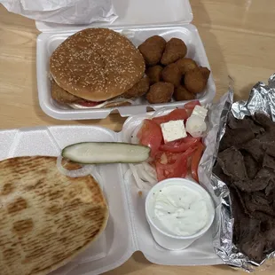 Takeout Gyro platter, tenderloin sandwich,fried mushrooms also had a large fries