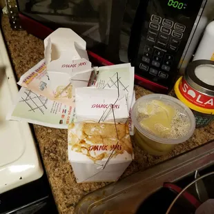 a microwave and food items