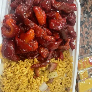 Boneless BBQ Spareribs and Pork fried rice combo. (Minus the roll).