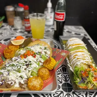 Carne Asada huarache  Al pastor wet burrito Pineapple agua fresca