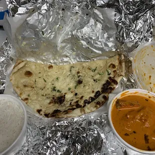 Butter chicken, rice and garlic naan