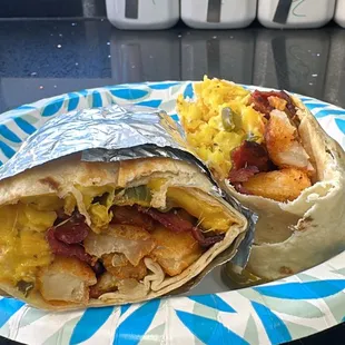 Our homemade Breakfast burrito comes with freshly scrambled cheesy eggs, hash brown seasoned potatoes and your choice of protein!