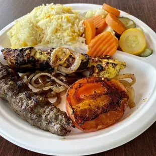 Beef Kofta &amp; Chicken Kabab Plate with Rice &amp; Steamed Vegetables