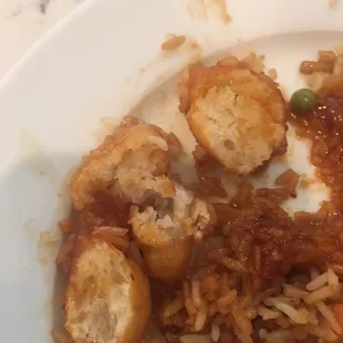 NO CHICKEN FOUND IN MEANT PIECES OF CLUMPED STARCHY CHEWY CLODS OF BREAD