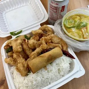 Doordash delivery order of Salt and Pepper Chicken combo with rice, egg roll, and drink + 19. Curry Fish Ball