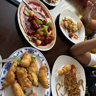 Salt and pepper fish, sweet and sour pork and chicken chow mein.