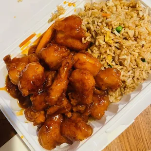 Orange chicken over fried rice