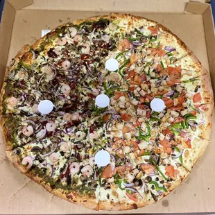 Half and half King Kong pizza: Pesto Shrimp and Chicken Supreme! Highly recommend Chicken Supreme!