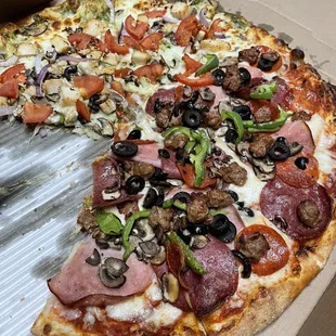 Half and half: Chicken Pesto Pizza and Combination Pizza