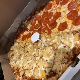 Large Half chicken pineapple half pepperoni pizza