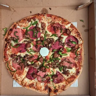 Combination pizza with extra sauce and no olives.