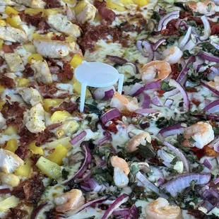 Half BBQ Chicken &amp; half Pesto Shrimp Pizza