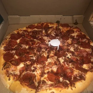 Extra large Pepperoni and breakfast bacon pizza