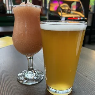 Guava boozy slush (left) and pint of the Hefeweizen (right)