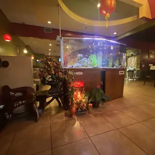 a fish tank in a restaurant