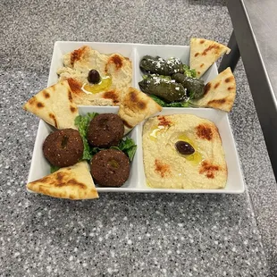 Combo Appatizer. Hummus, Babaghanuj, Dolmas and Falafel