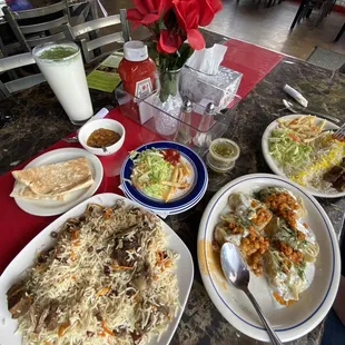 Kabuli Palaw Lamb Rice, Mantu, and Beef Tikka Kabob