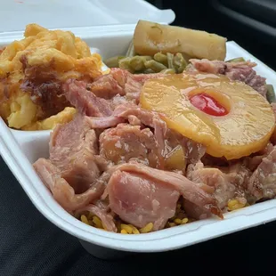 Mac N Cheese , Ham, Candy Yams, Green Beans, and Yellow Rice