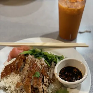 Duck and Rice Plate with a Thai Ice Tea.