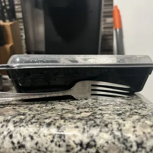 a fork and a plastic container