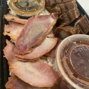 Roasted Pork and Crispy Pork Belly over Rice