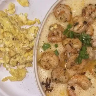 sunday brunch - shirmp and grits with a side of eggs.