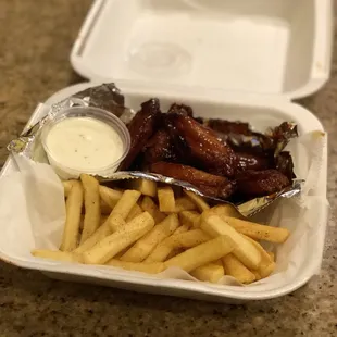 $5 Monday's. Drunken sauce wings and fries