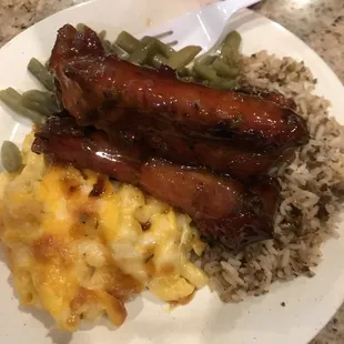 Dirty rice, macaroni, PORK RIBS.