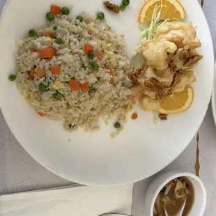 Lunch special - honey walnut prawns, came with hot and sour soup and a choice to steam rice or fried rice.  I picked fried rice.