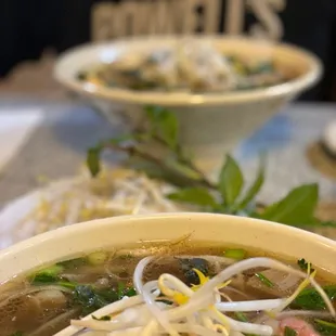 65. Pho Chay (in the back) &amp; Pho w/ Beef Strips, Meatballs, Tripe, &amp; Tendon