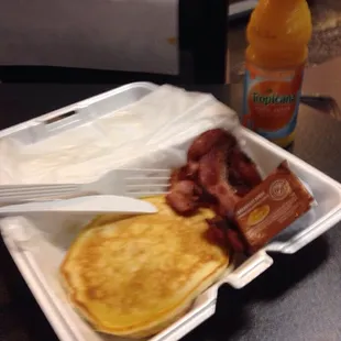 Pancake Platter $4.75--2 pancakes &amp; 3 slices of bacon. Yummy!