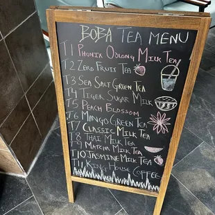 Boba tea menu
